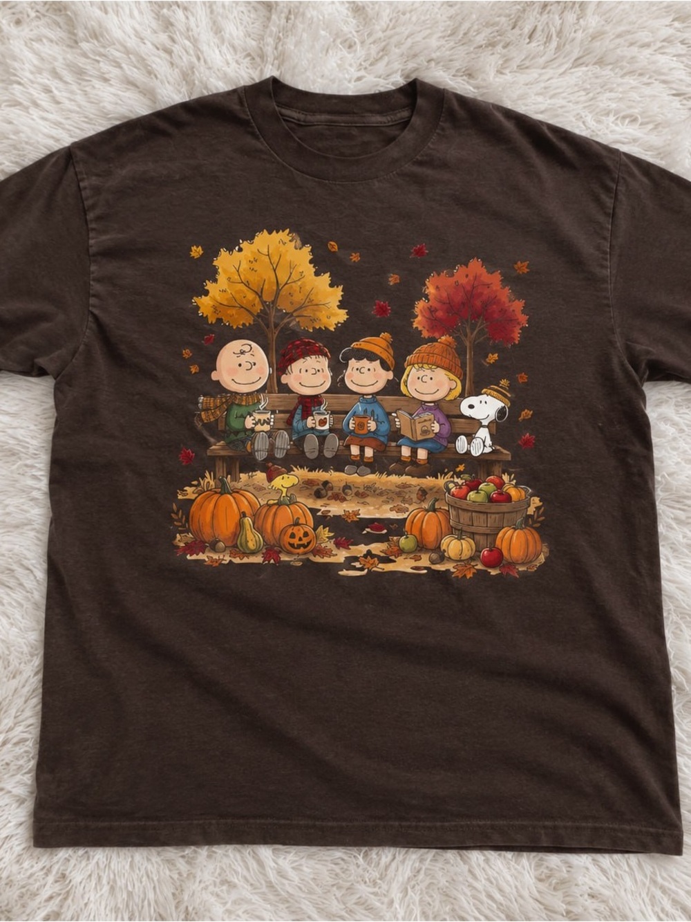 Autumn Pumpkin & Bench Scene Gildan Brown Tee Graphic